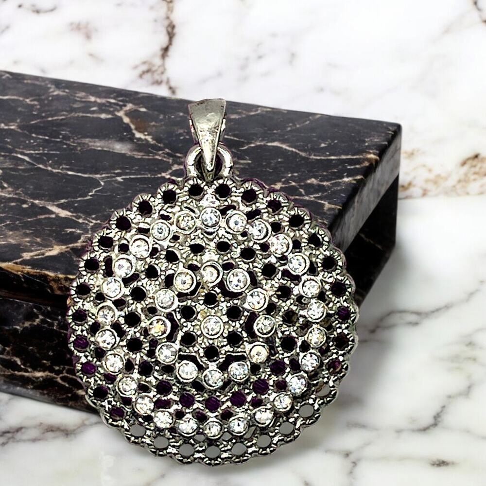 Rhinestone Silver-Tone Round Textured Open 1.25 Inch Pendant!